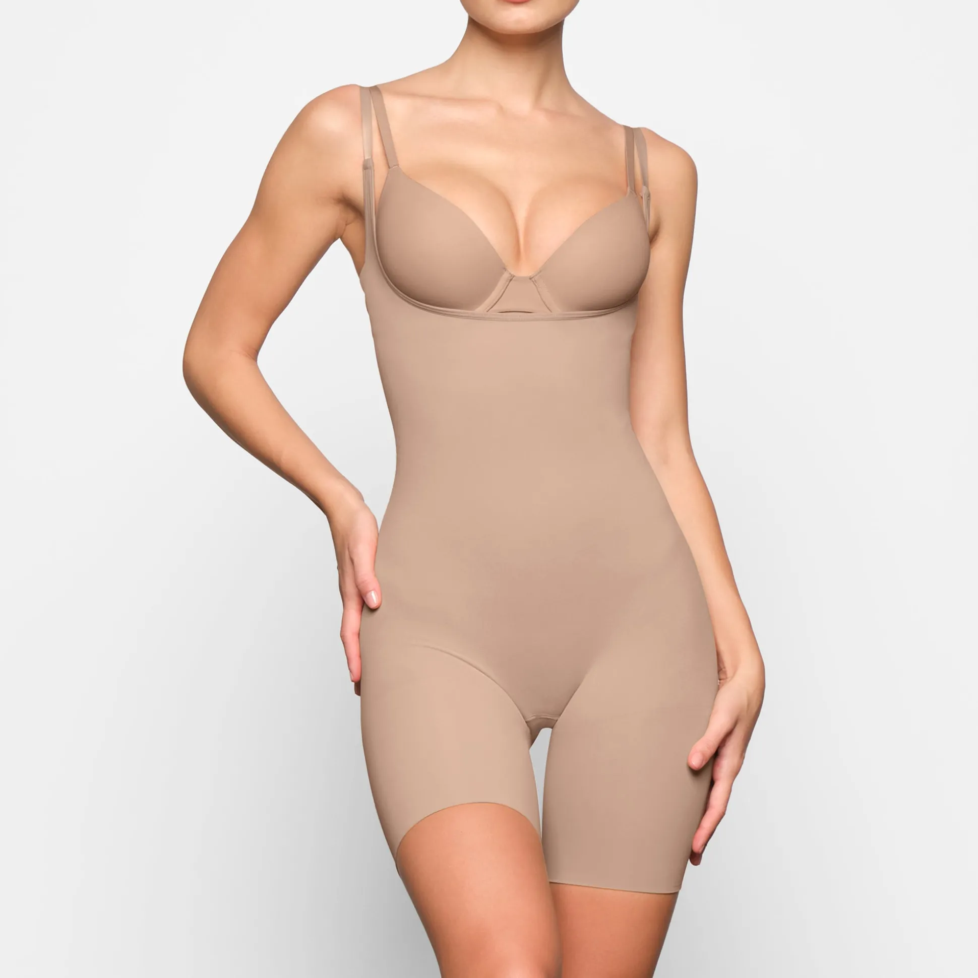 BUTT ENHANCING OPEN BUST BODYSUIT | CLAY