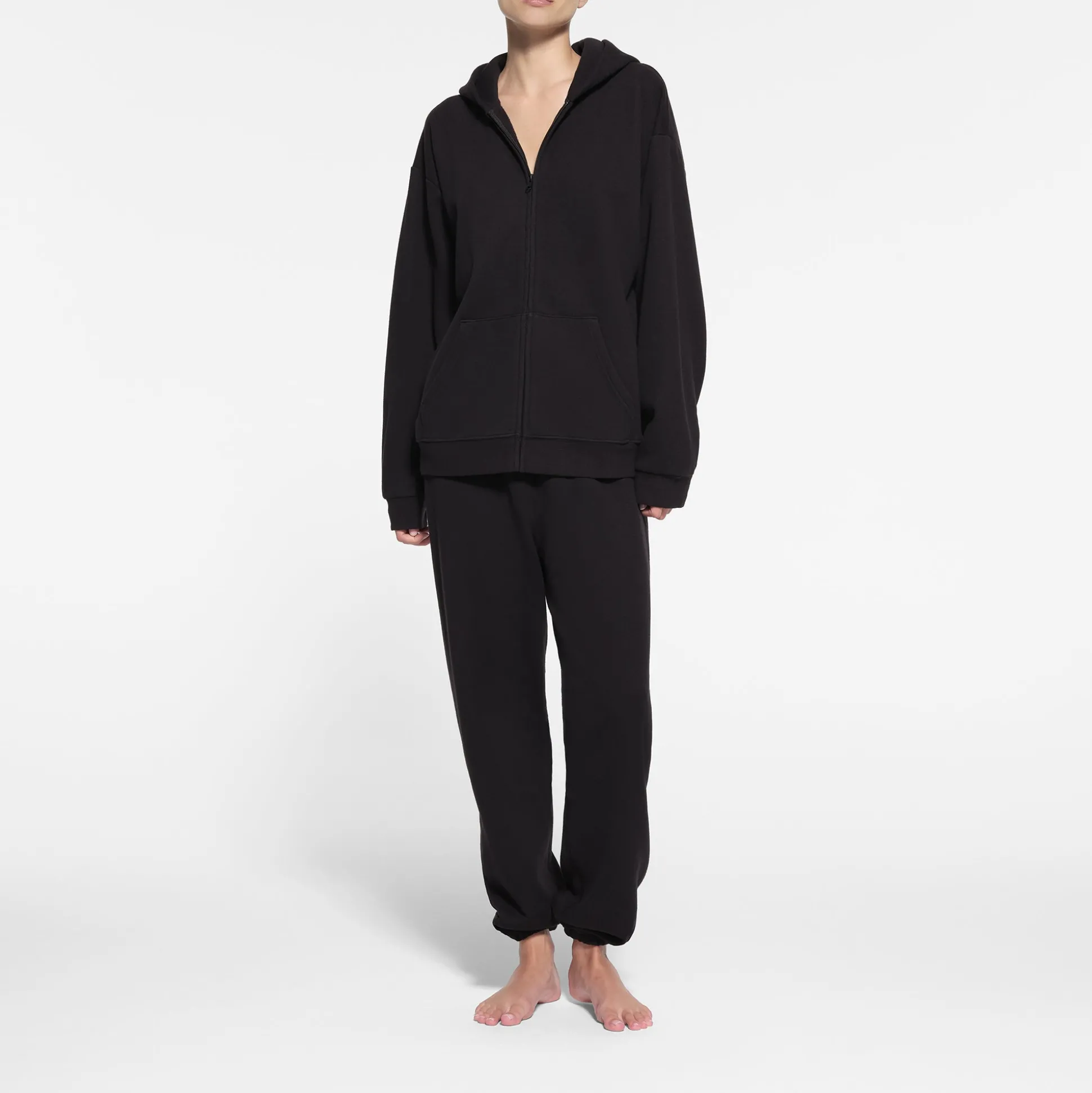 COTTON FLEECE OVERSIZED ZIP UP HOODIE | ONYX