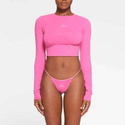 COTTON JERSEY LONG SLEEVE CROPPED T-SHIRT | HOT PINK