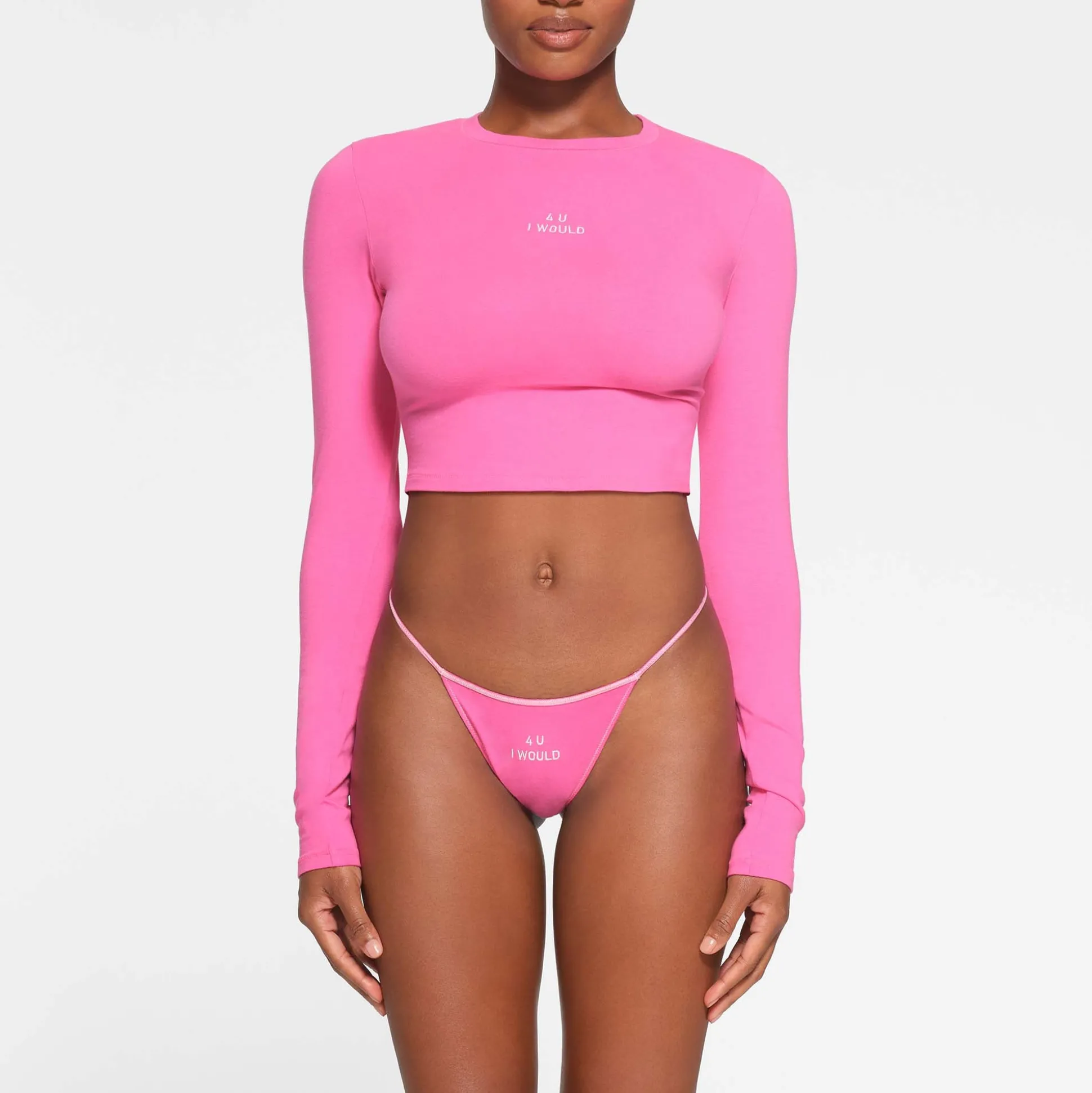 COTTON JERSEY LONG SLEEVE CROPPED T-SHIRT | HOT PINK