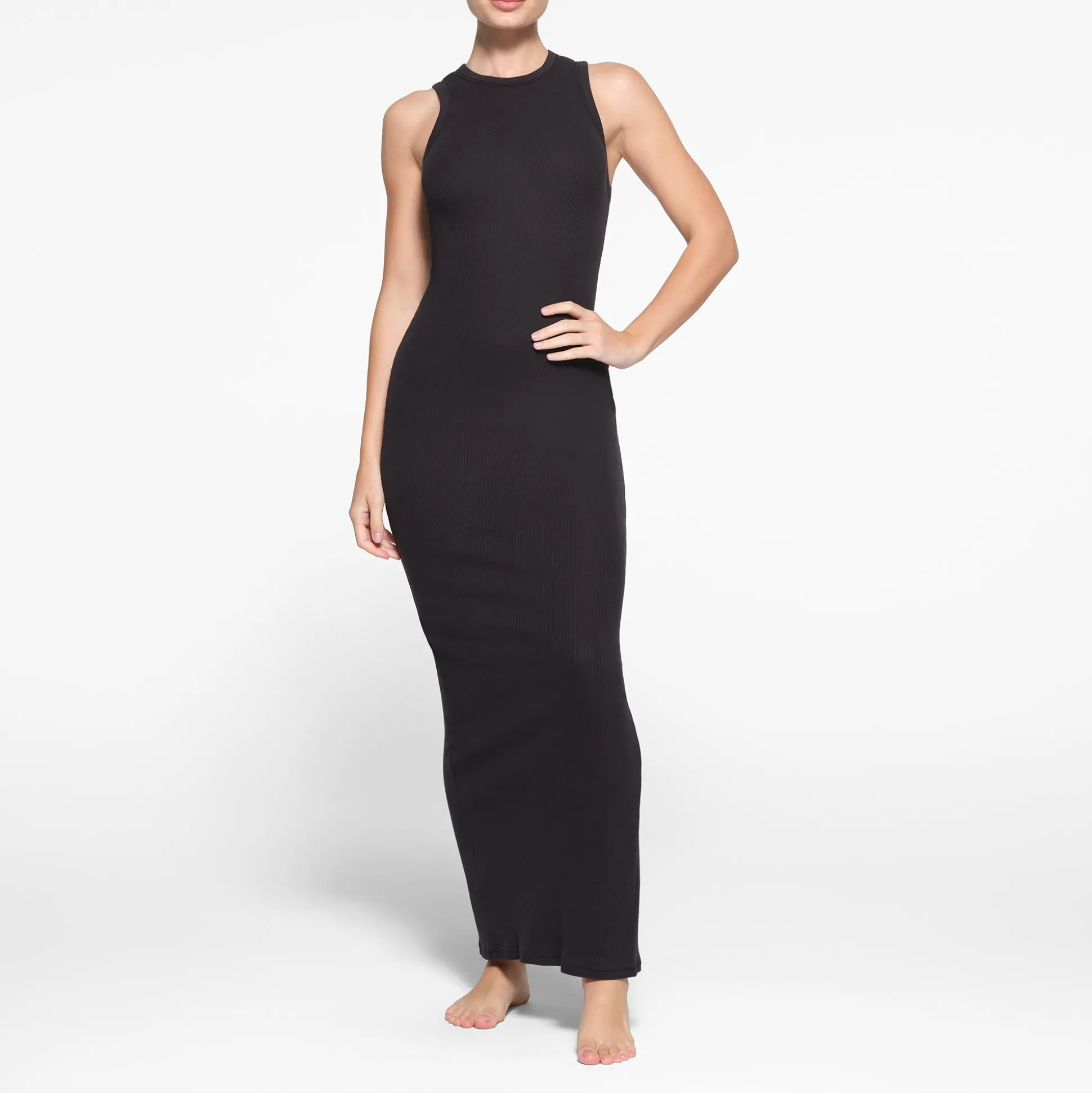 COTTON RIB SLEEVELESS LONG DRESS | SOOT