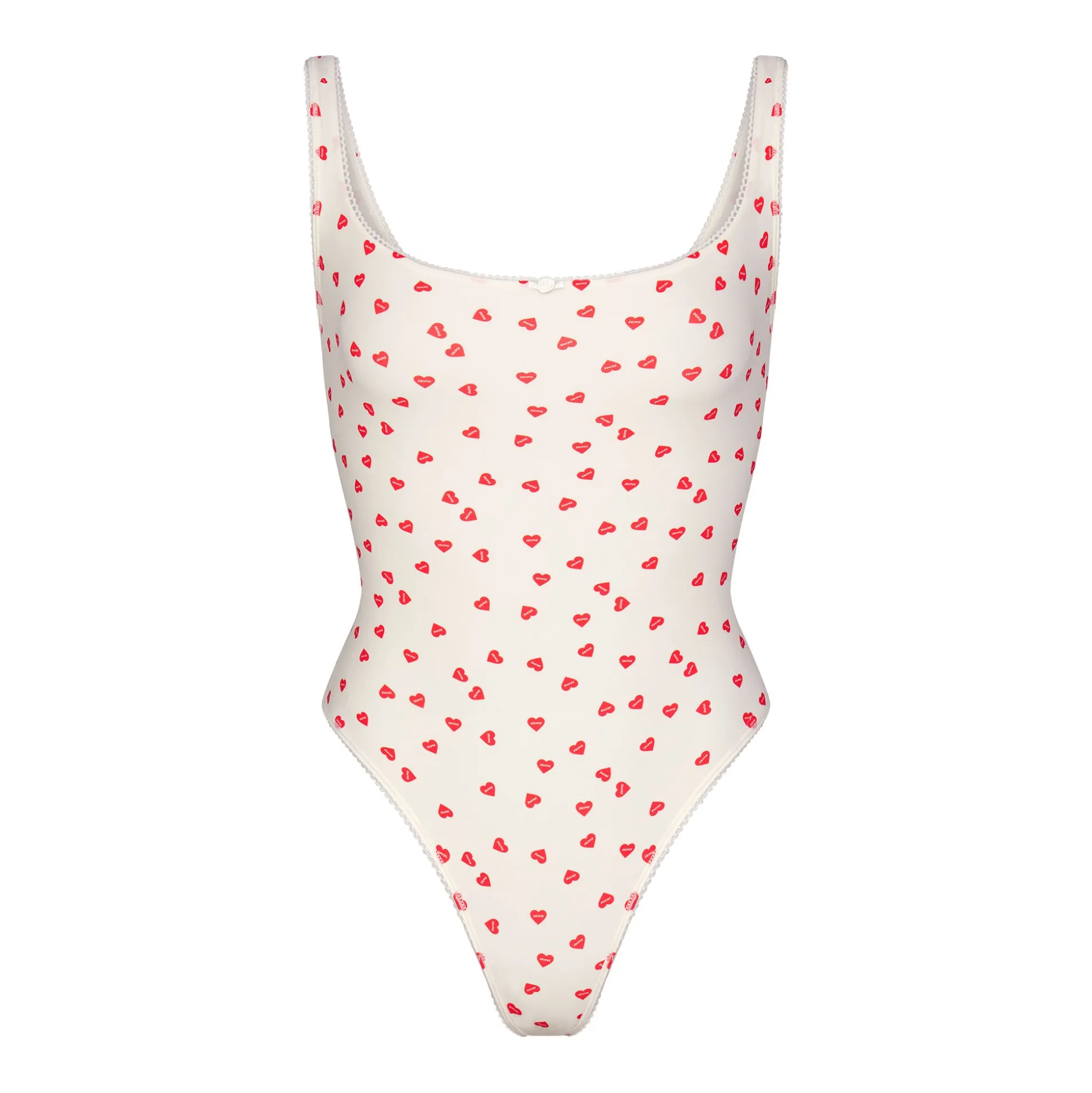 FITS EVERYBODY PICOT TRIM SQUARE NECK BODYSUIT | RUBY HEART PRINT