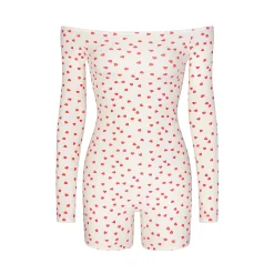 FITS EVERYBODY PICOT TRIM OFF THE SHOULDER ONESIE | RUBY HEART PRINT