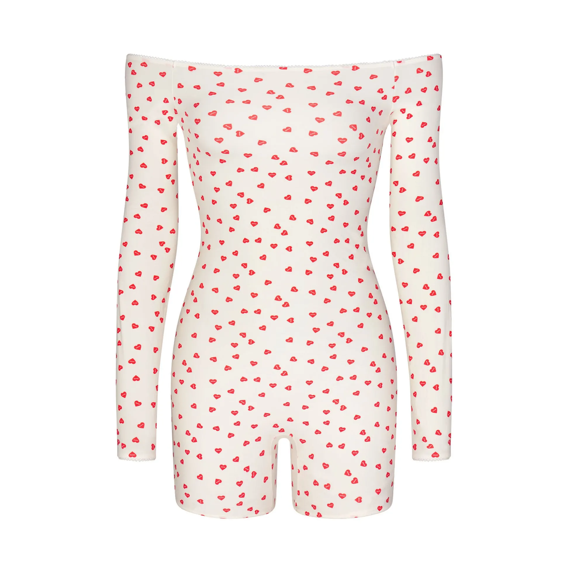 FITS EVERYBODY PICOT TRIM OFF THE SHOULDER ONESIE | RUBY HEART PRINT