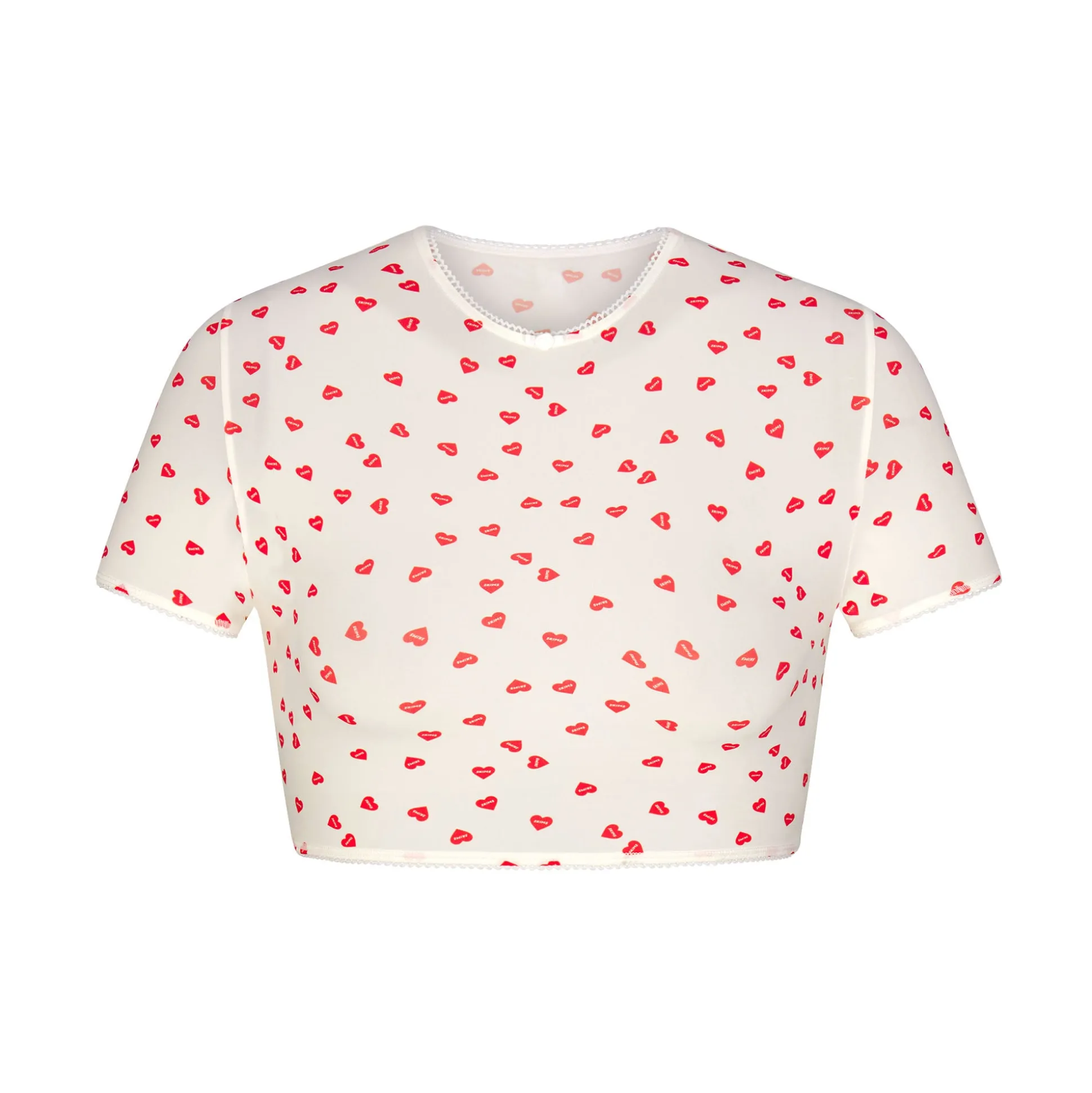 FITS EVERYBODY PICOT TRIM SUPER CROPPED T-SHIRT | RUBY HEART PRINT