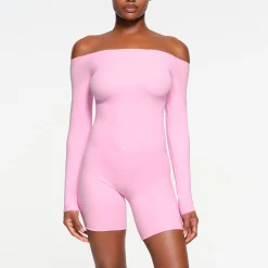 FITS EVERYBODY PICOT TRIM OFF THE SHOULDER ONESIE | BUBBLE GUM