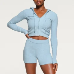LIGHT COZY CROPPED ZIP UP HOODIE | DENIM