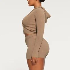 LIGHT COZY CROPPED ZIP UP HOODIE | DESERT
