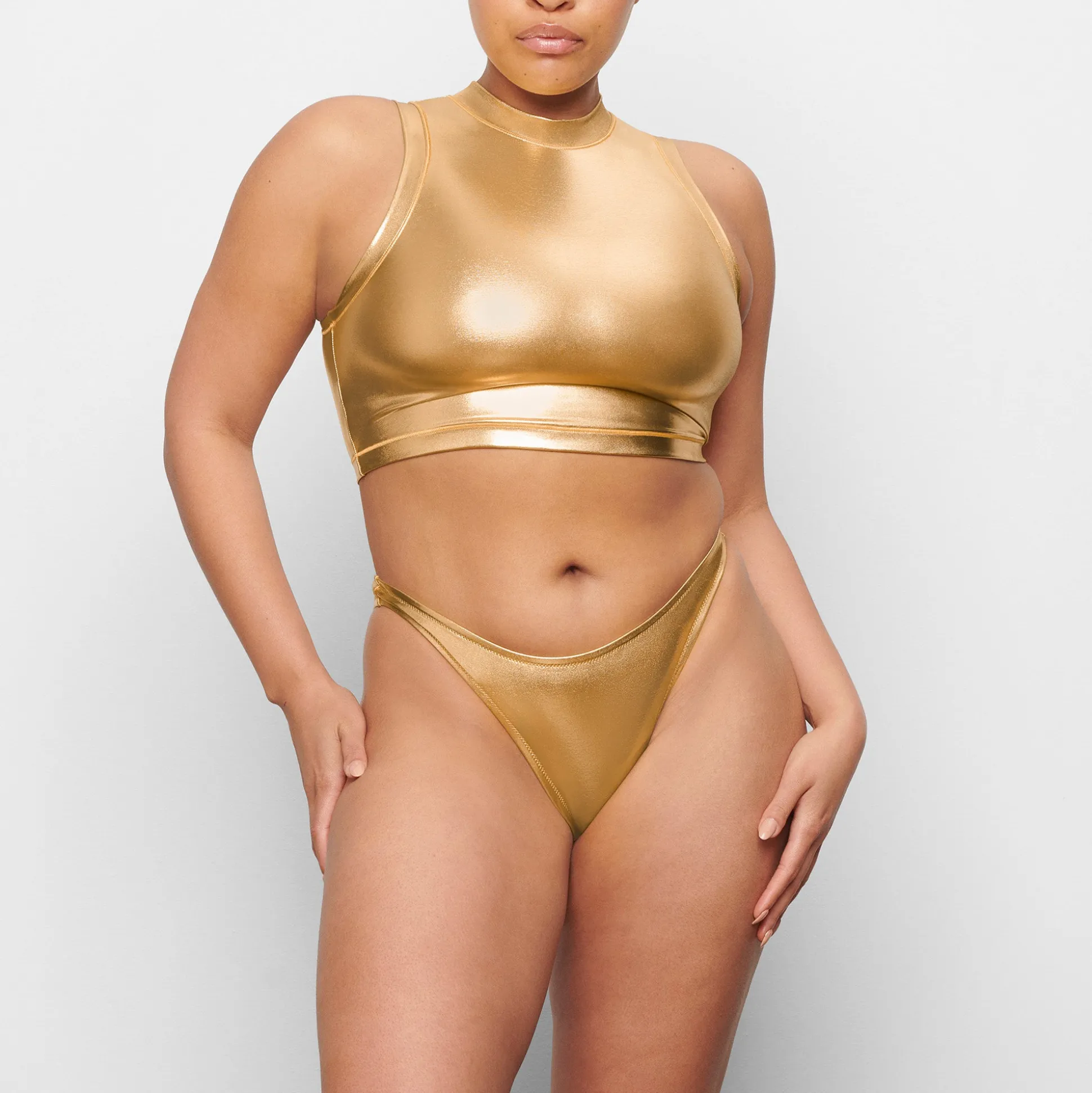 METALLIC SWIM MOCK NECK TANK | GOLD