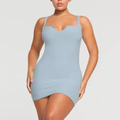 RAW EDGE SLIT FRONT MINI DRESS | DENIM