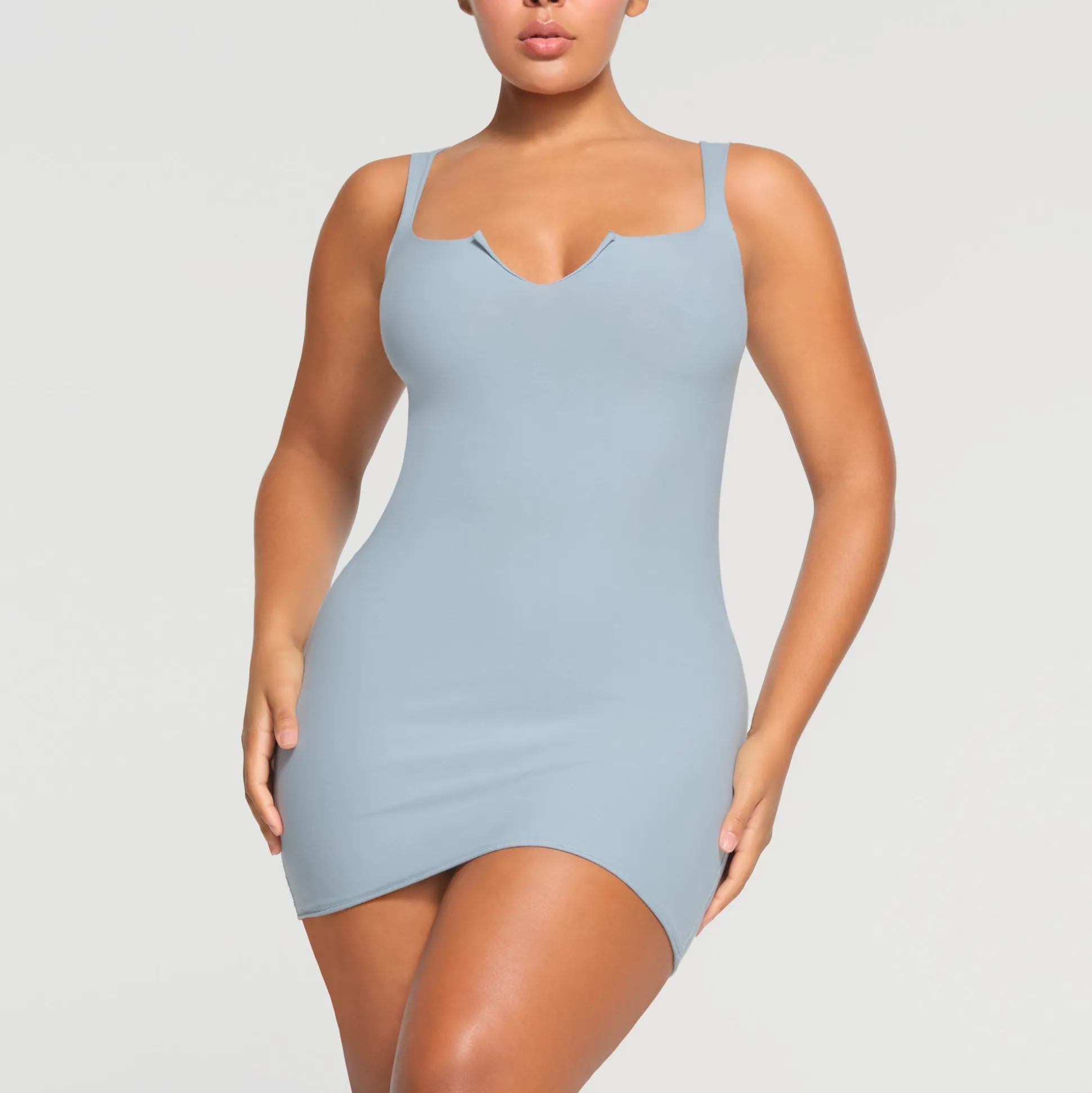 RAW EDGE SLIT FRONT MINI DRESS | DENIM