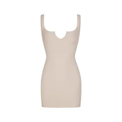RAW EDGE SLIT FRONT MINI DRESS | STONE