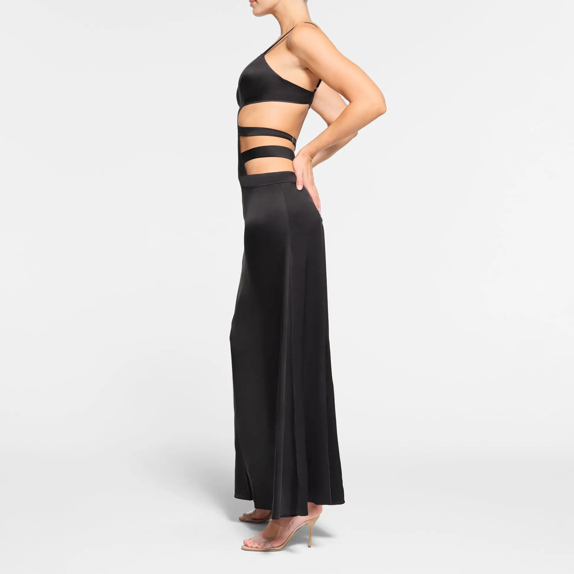 SILK STRAPPY LONG SLIP DRESS | ONYX