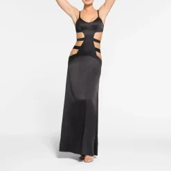 SILK STRAPPY LONG SLIP DRESS | ONYX