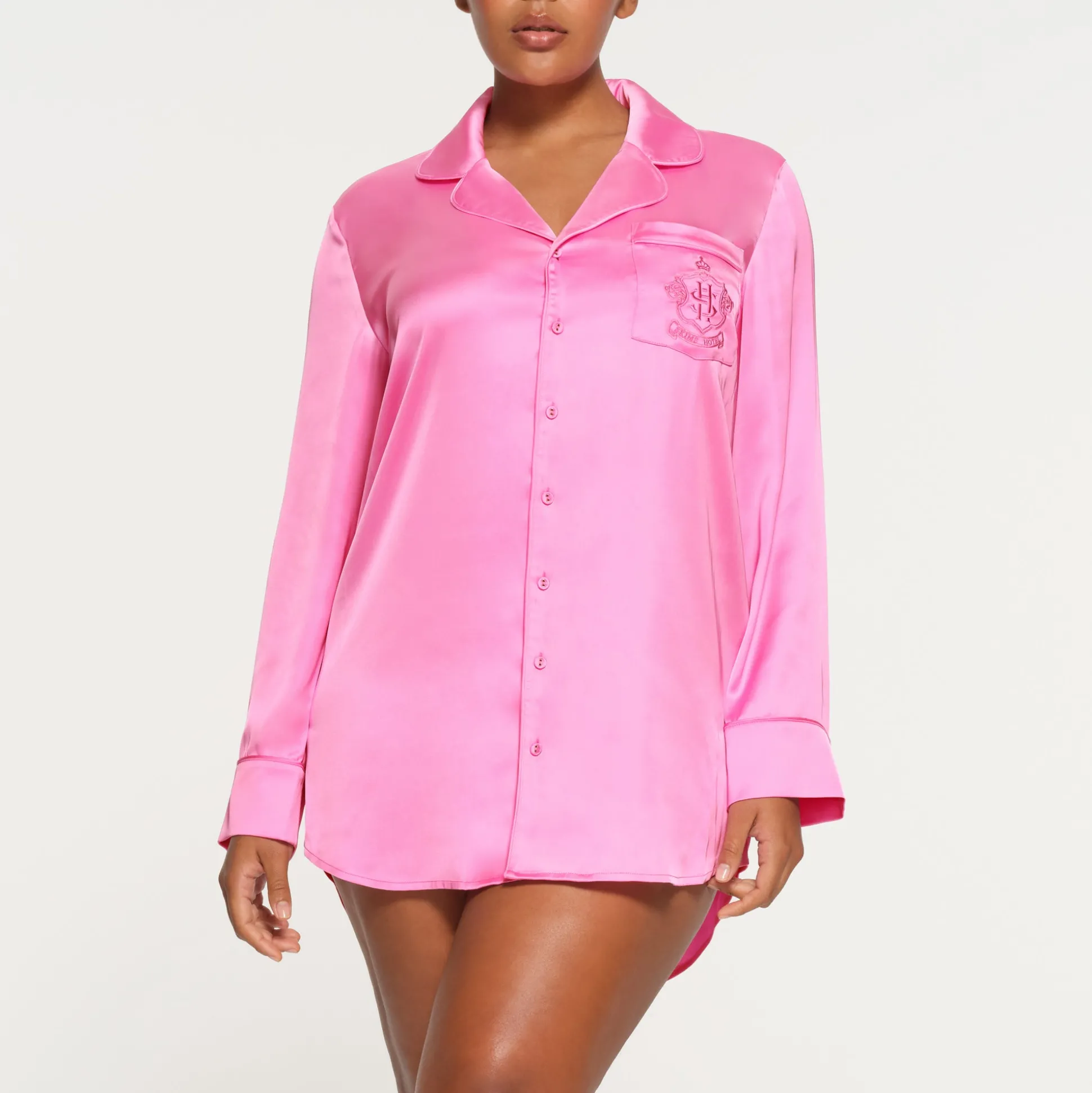 SKIMS HOTEL SHINE BUTTON UP SLEEP DRESS | NEON ORCHID