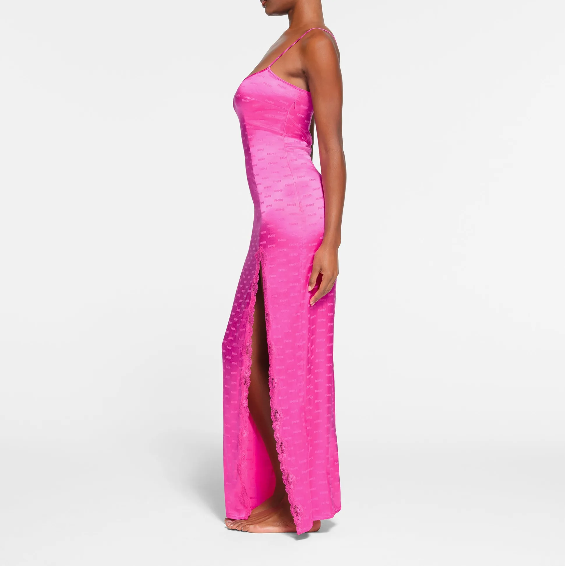 SKIMS JACQUARD LACE LONG DRESS | HOT PINK