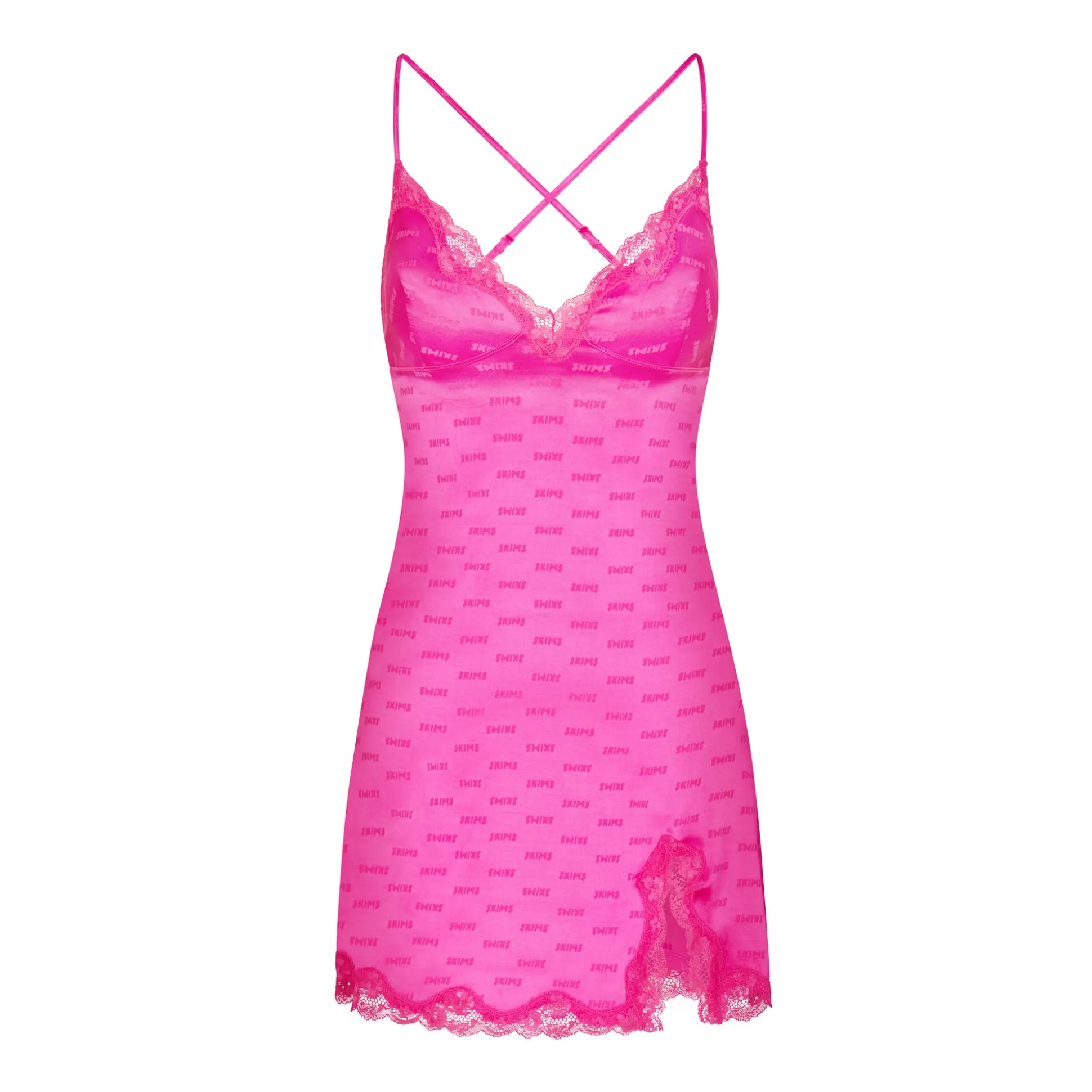 SKIMS JACQUARD LACE SLIP DRESS | HOT PINK