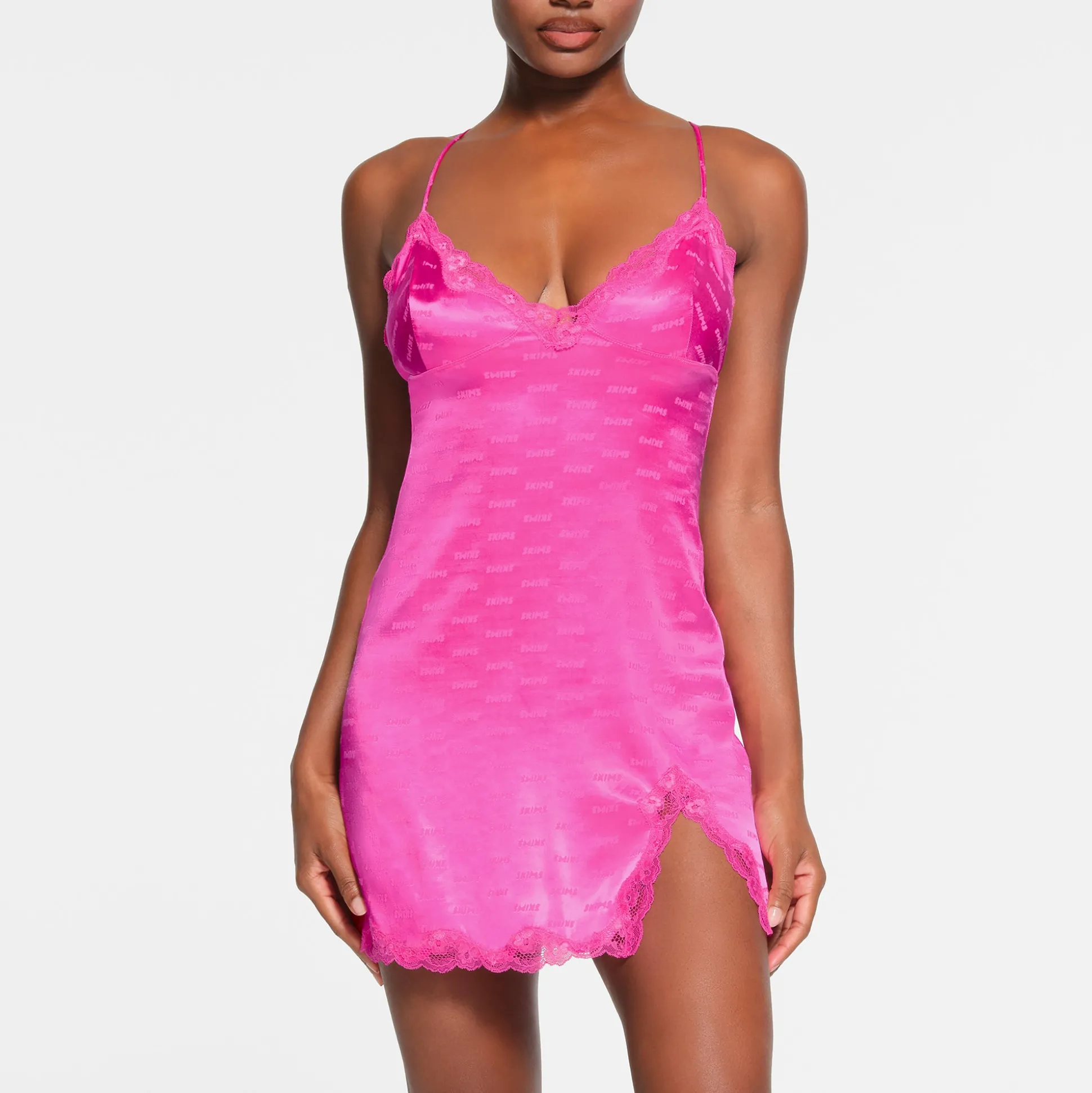SKIMS JACQUARD LACE SLIP DRESS | HOT PINK