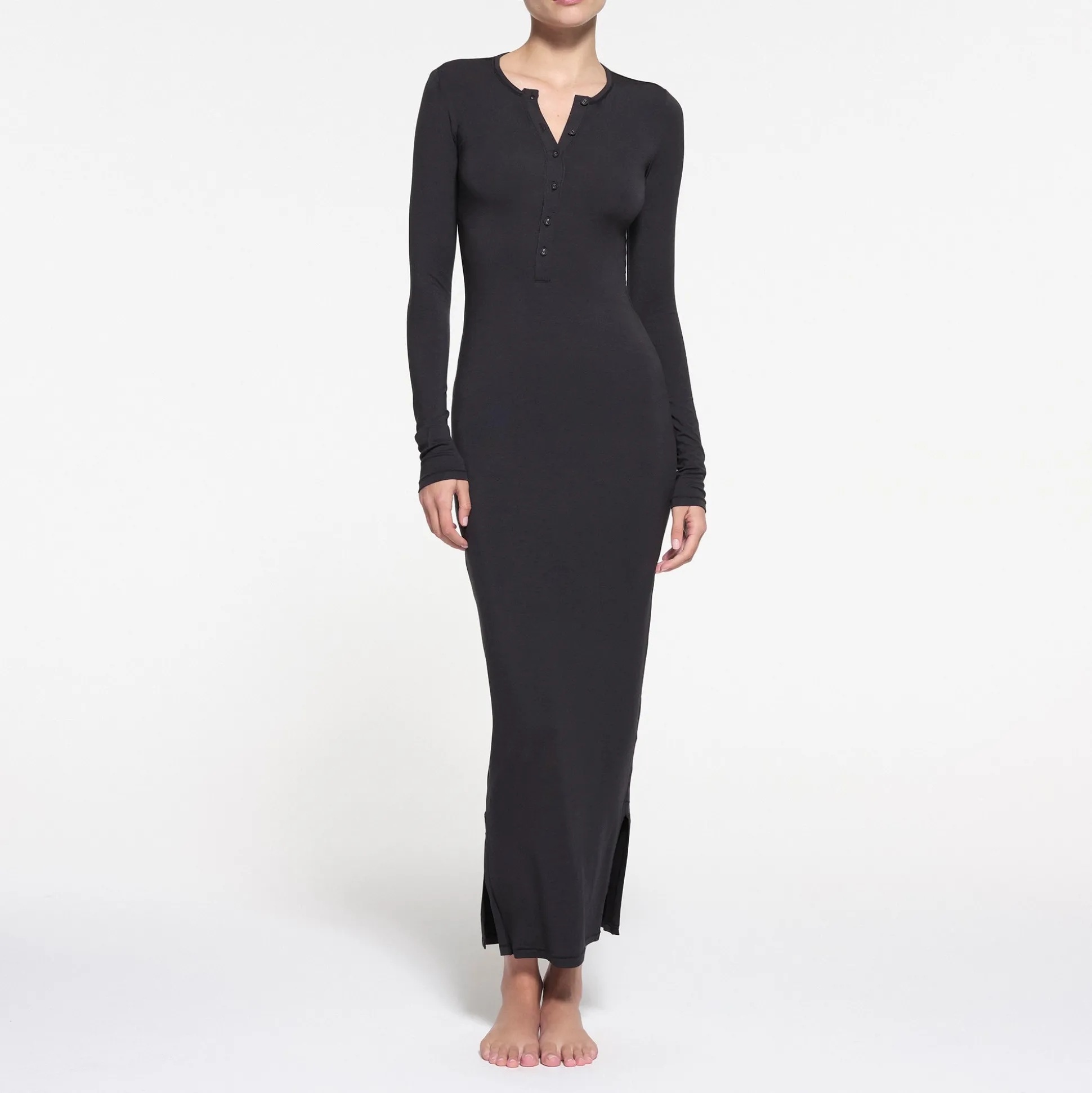 SKIMS SLEEP HENLEY LONG DRESS | ONYX