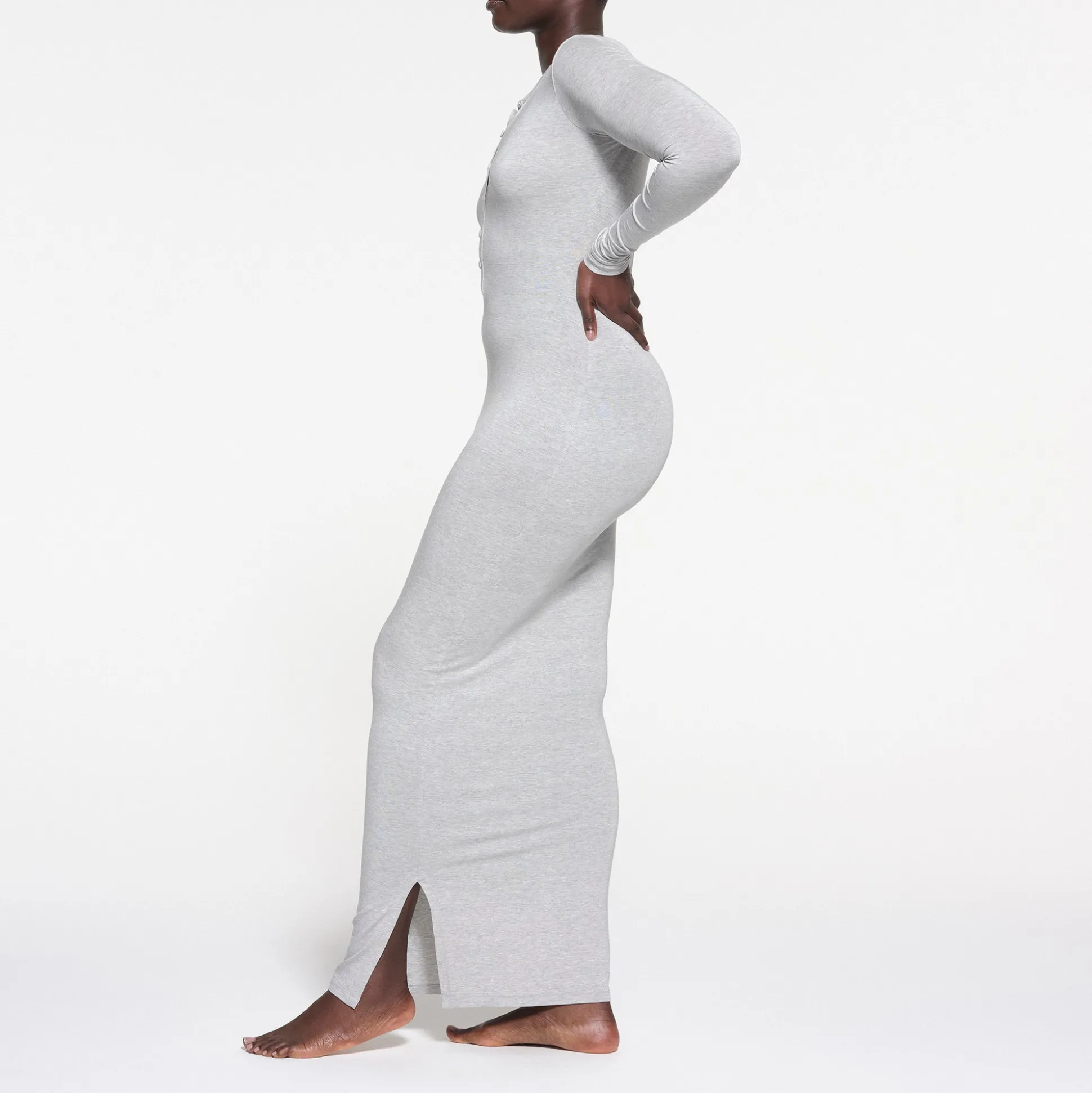 SKIMS SLEEP HENLEY LONG DRESS | LIGHT HEATHER GREY