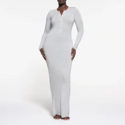 SKIMS SLEEP HENLEY LONG DRESS | LIGHT HEATHER GREY