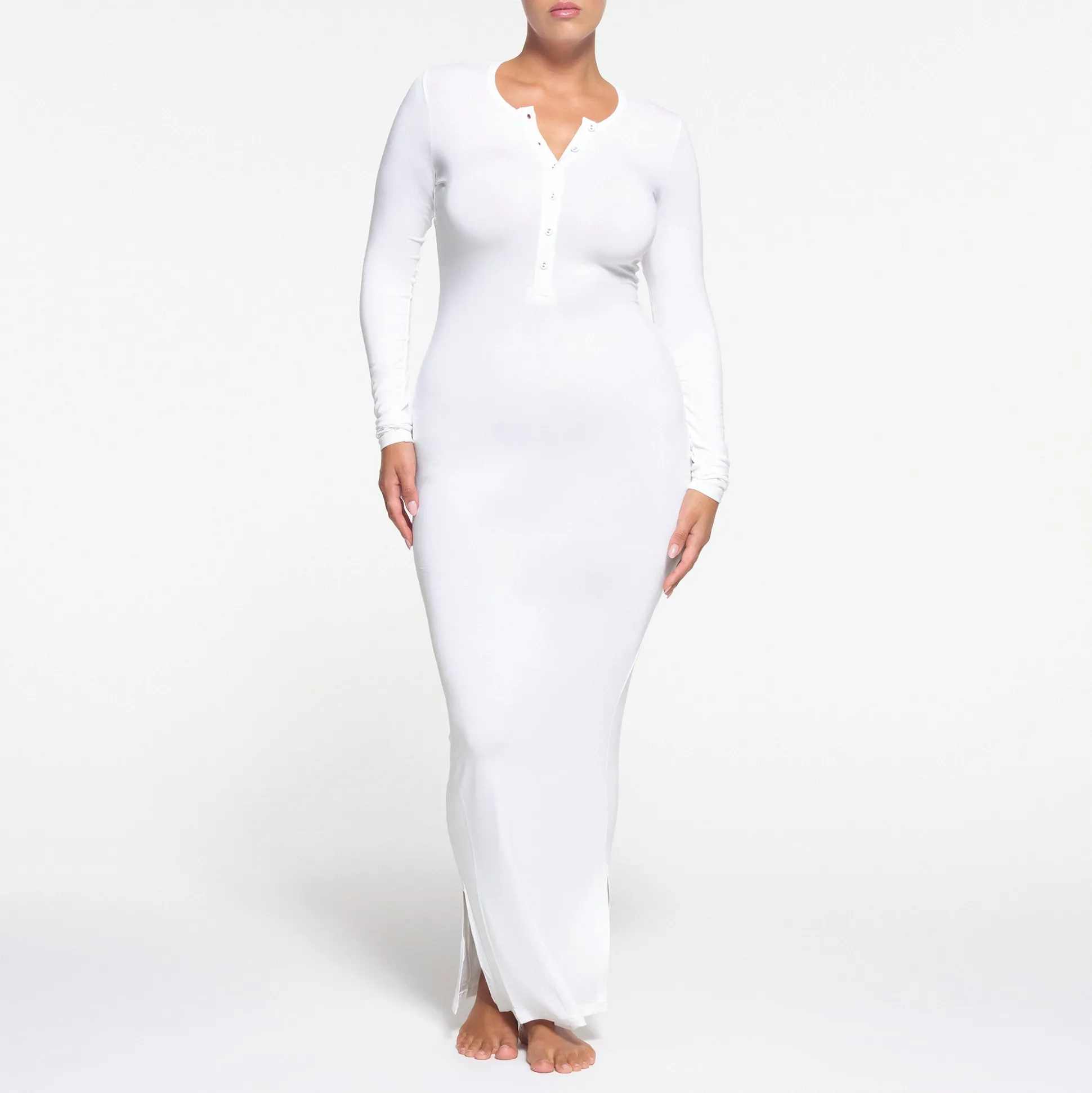 SKIMS SLEEP HENLEY LONG DRESS | SNOW