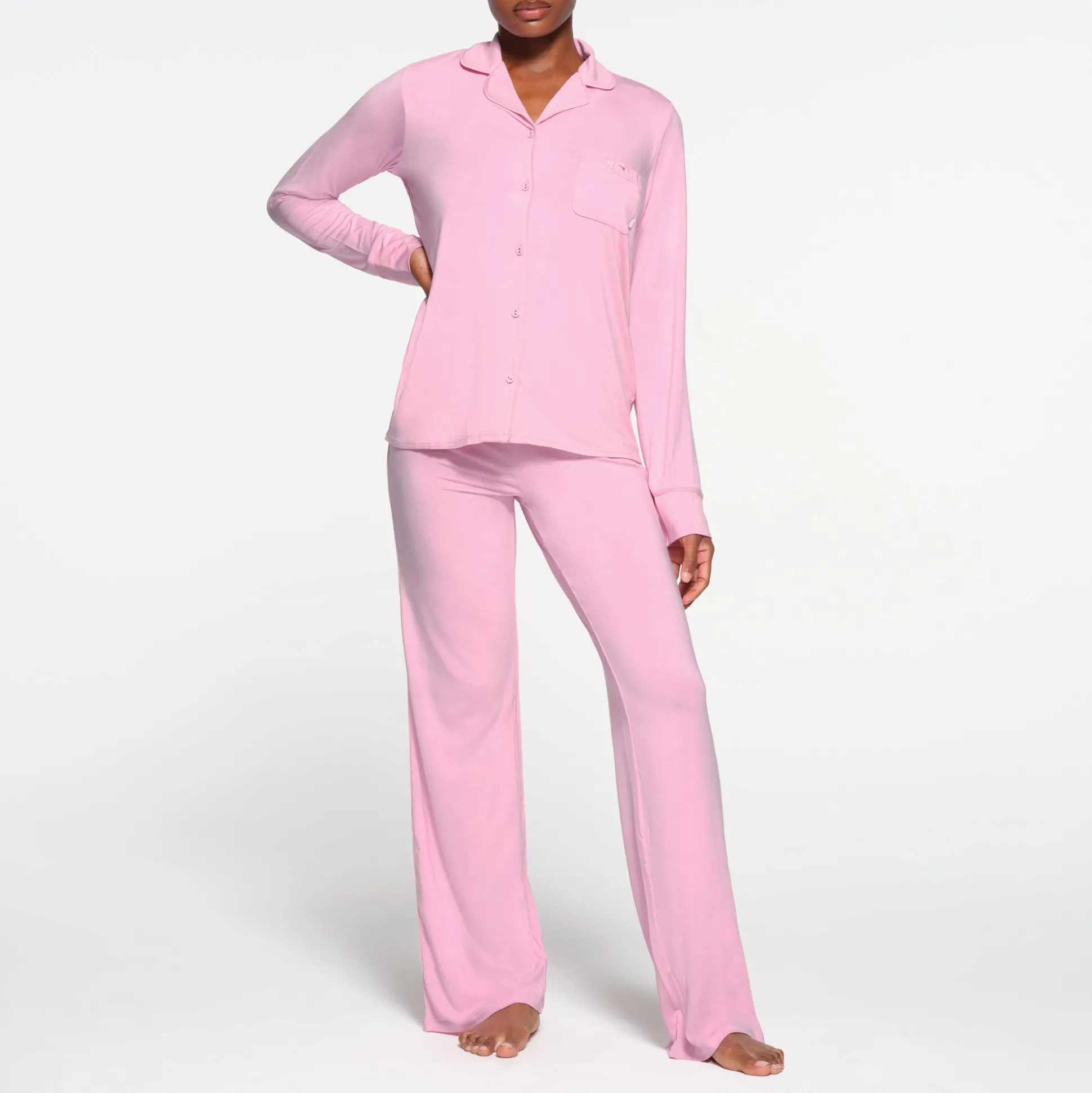 SKIMS SLEEP LONG SLEEVE BUTTON UP SET | BUBBLE GUM
