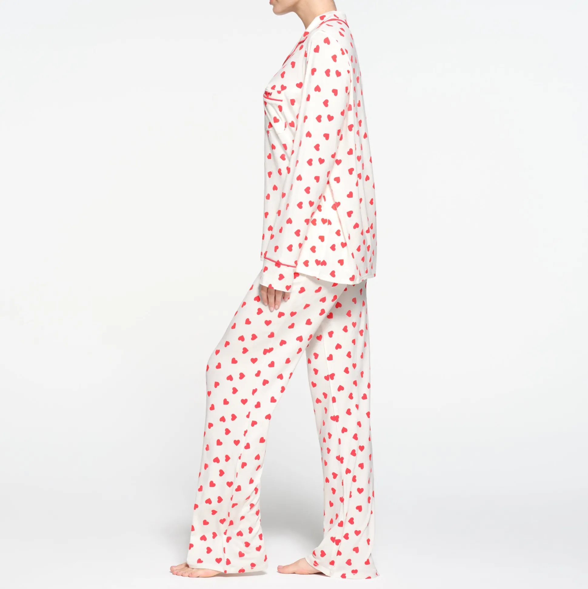SKIMS SLEEP LONG SLEEVE BUTTON UP SET | RUBY AND MARBLE HEART
