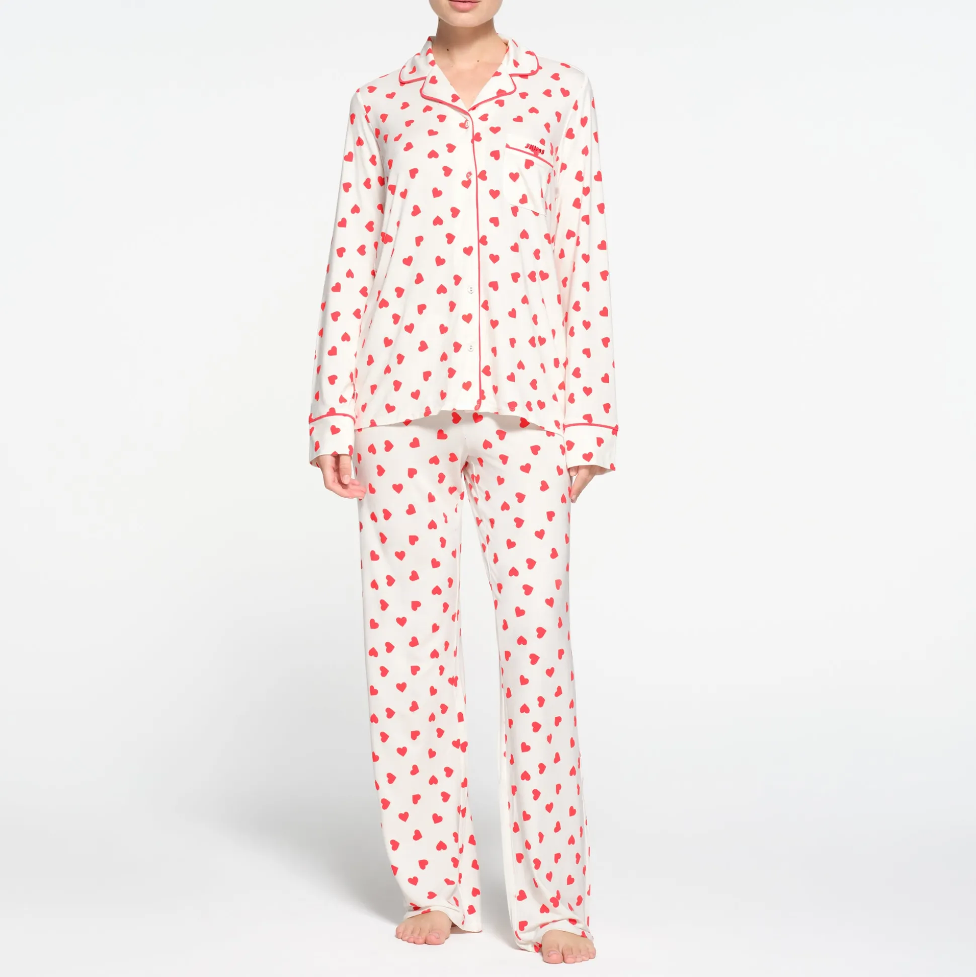 SKIMS SLEEP LONG SLEEVE BUTTON UP SET | RUBY AND MARBLE HEART