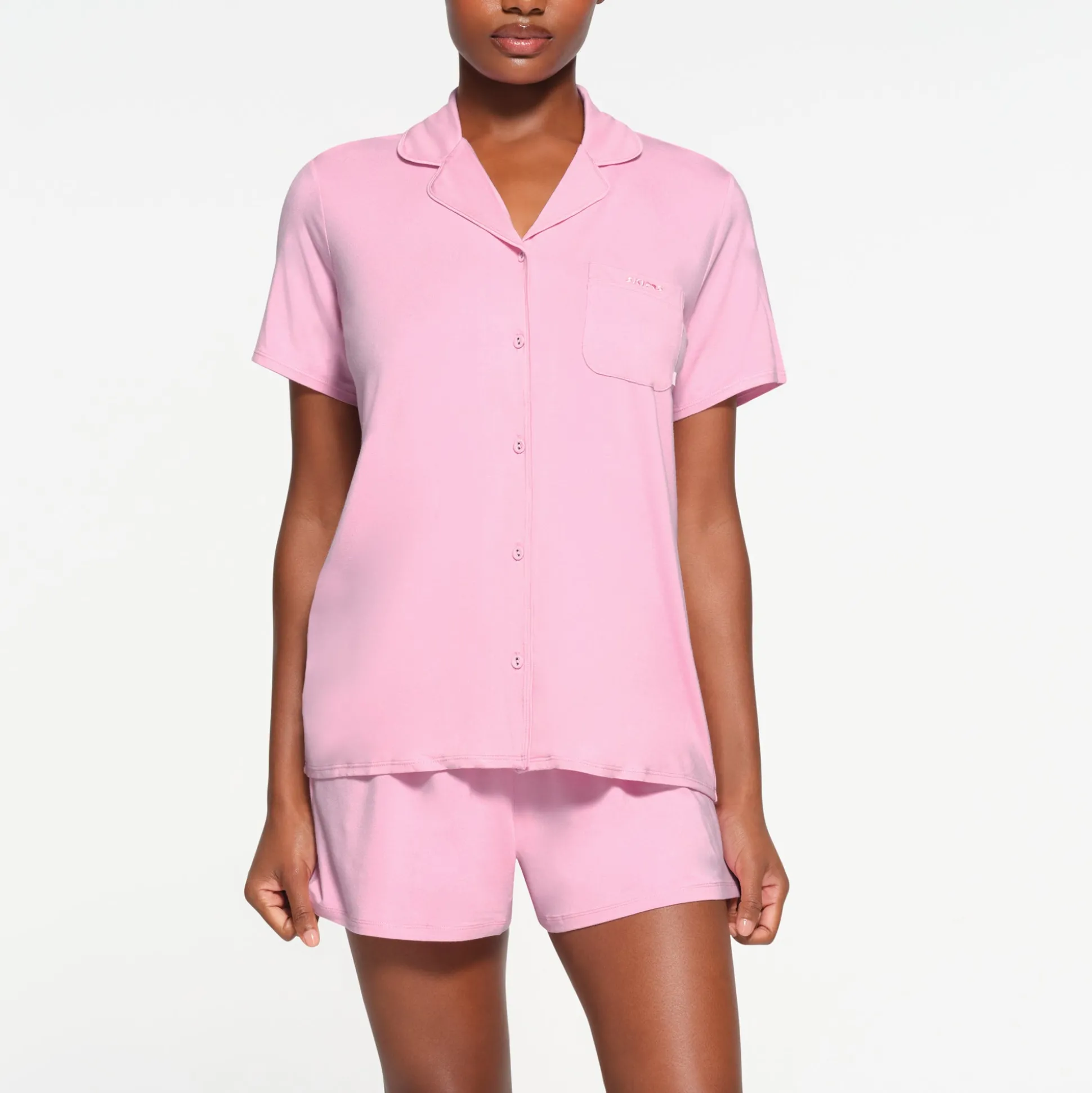 SKIMS SLEEP SHORT SLEEVE BUTTON UP SET | BUBBLE GUM