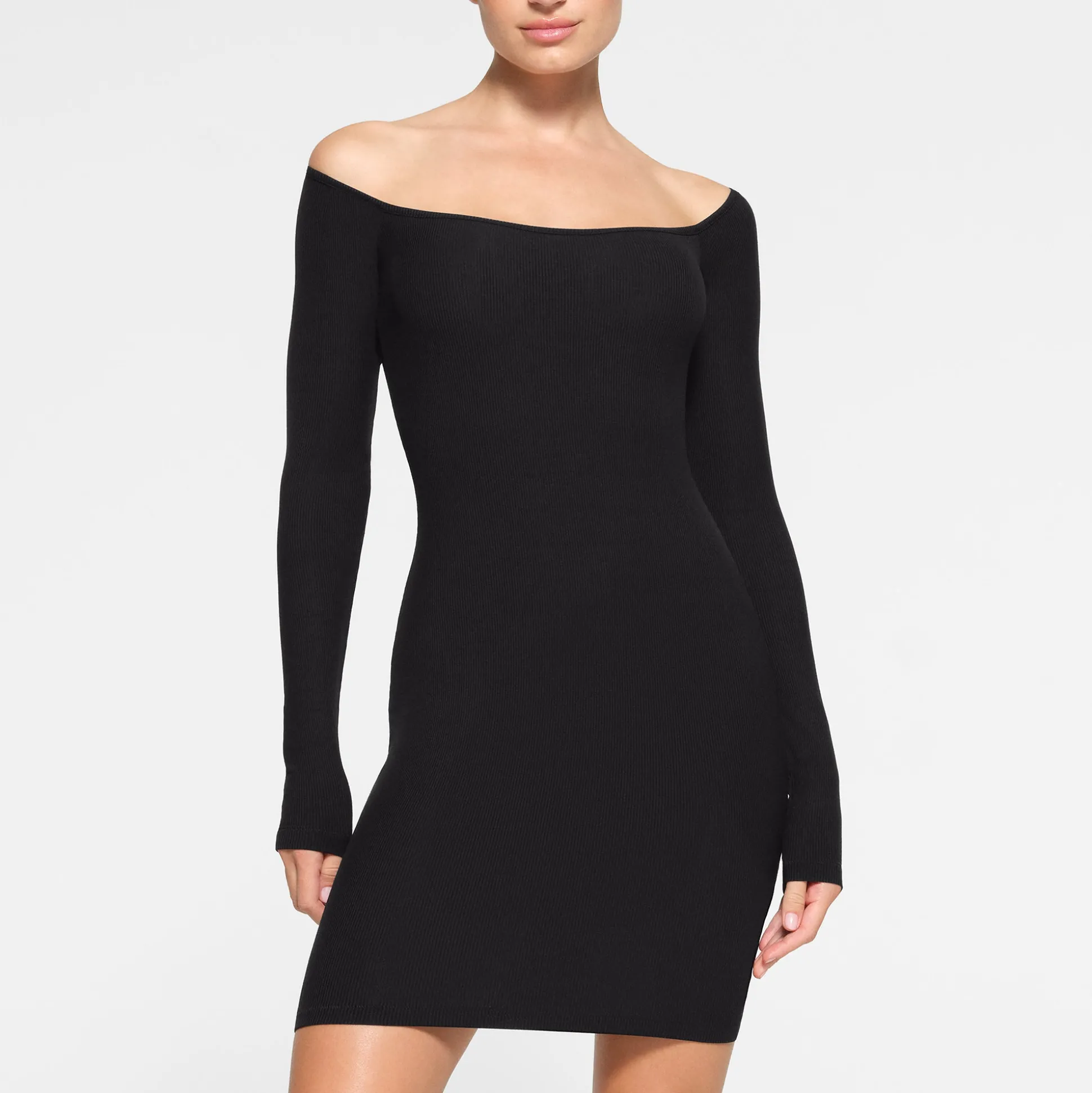 SOFT LOUNGE OFF THE SHOULDER MINI DRESS | ONYX