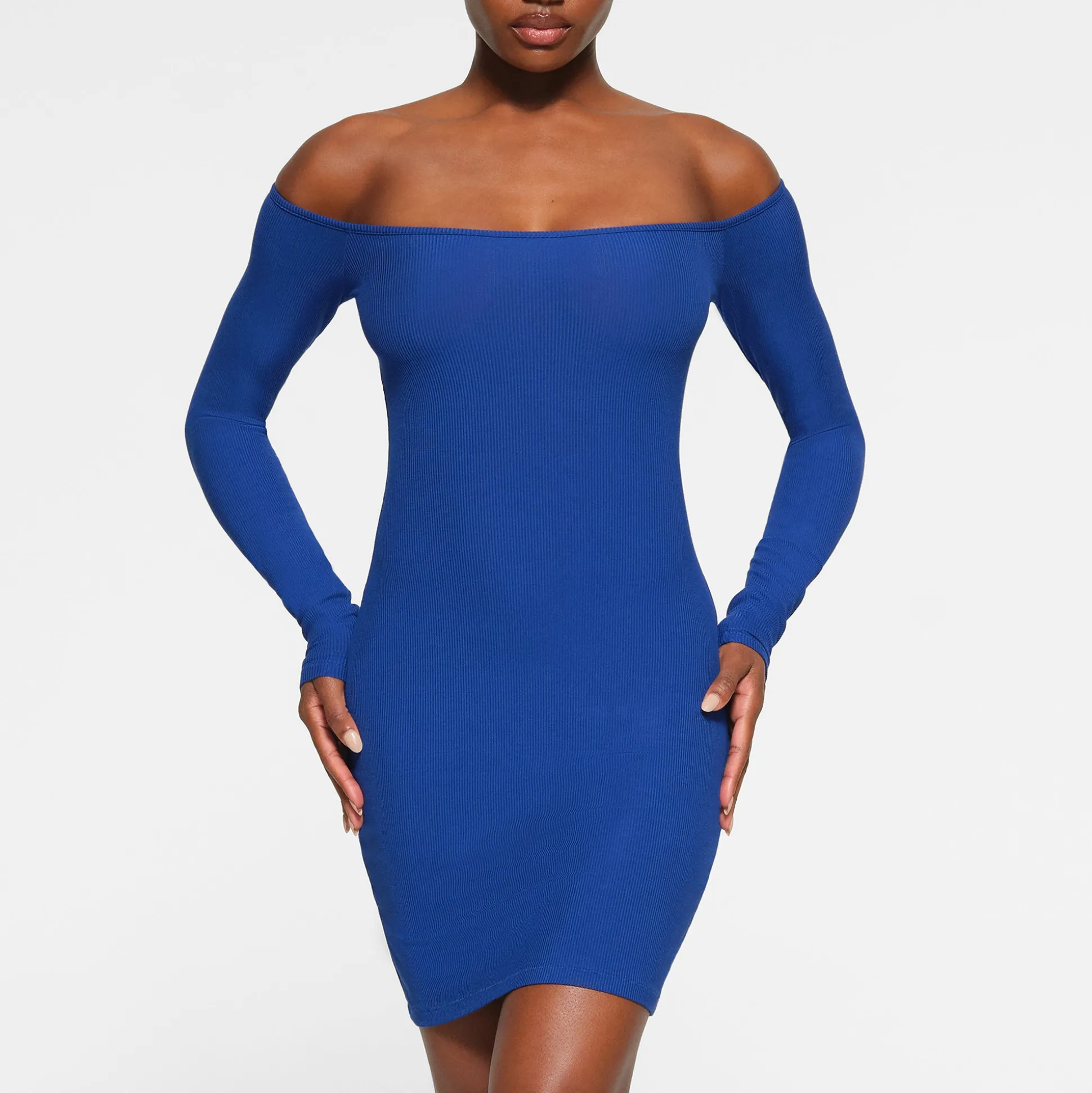 SOFT LOUNGE OFF THE SHOULDER MINI DRESS | COBALT