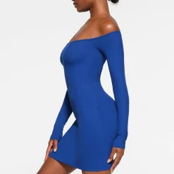 SOFT LOUNGE OFF THE SHOULDER MINI DRESS | COBALT
