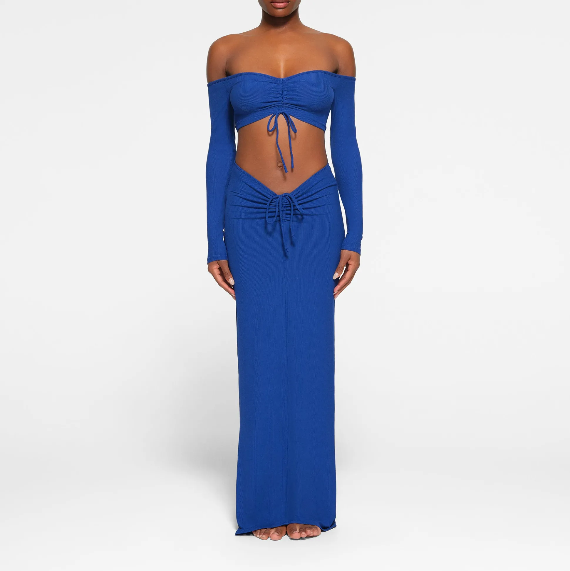 SOFT LOUNGE RUCHED LONG SLEEVE CROP TOP | COBALT