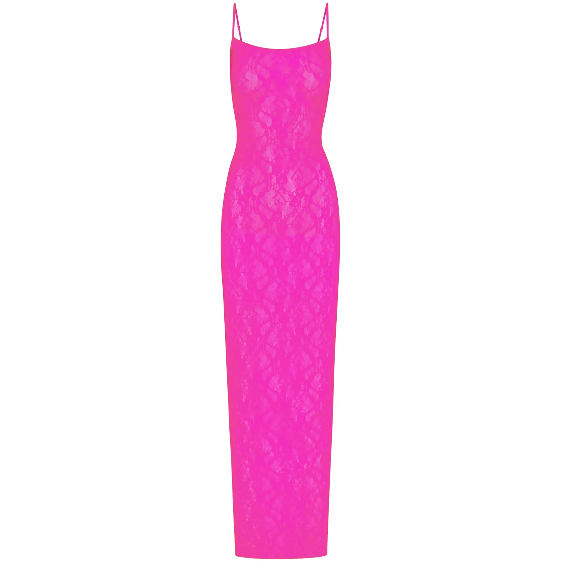 STRETCH LACE CAMI LONG DRESS | NEON PINK