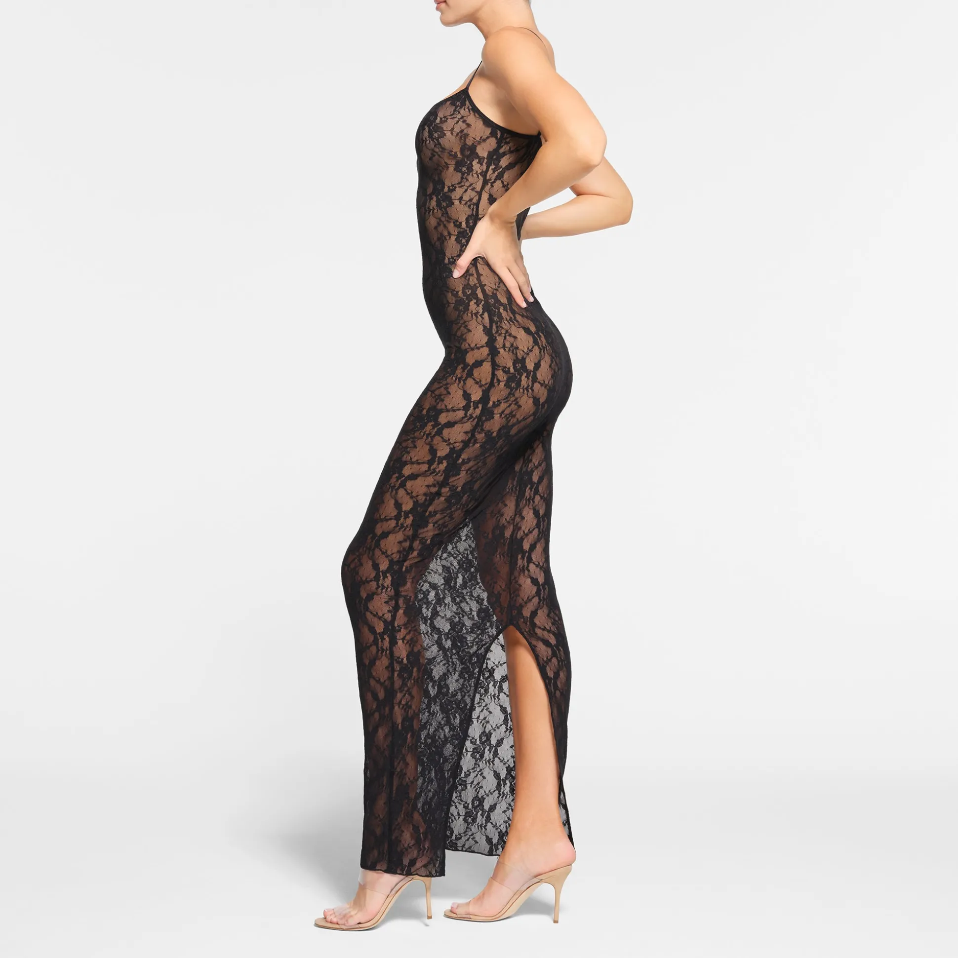 STRETCH LACE CAMI LONG DRESS | ONYX