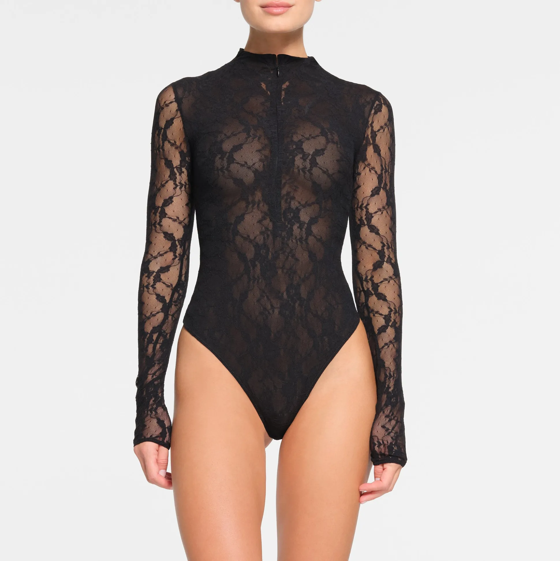 STRETCH LACE LINED LONG SLEEVE THONG BODYSUIT | ONYX