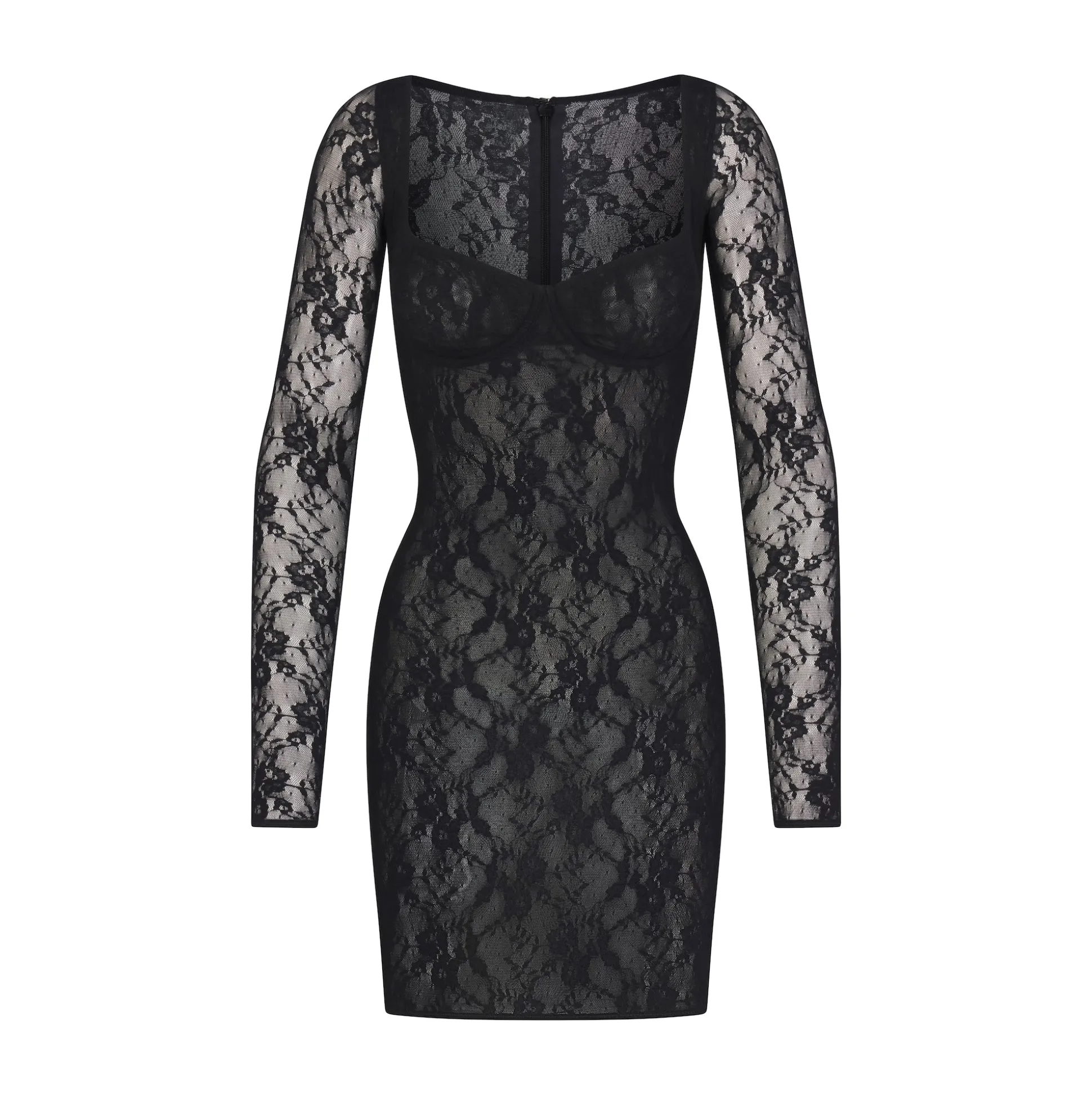 STRETCH LACE LINED LONG SLEEVE UNDERWIRE DRESS | ONYX