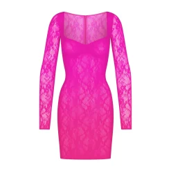 STRETCH LACE LINED LONG SLEEVE UNDERWIRE DRESS | NEON PINK