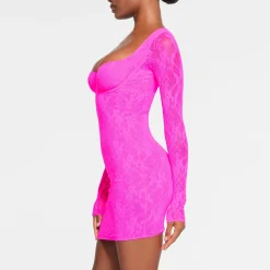 STRETCH LACE LINED LONG SLEEVE UNDERWIRE DRESS | NEON PINK