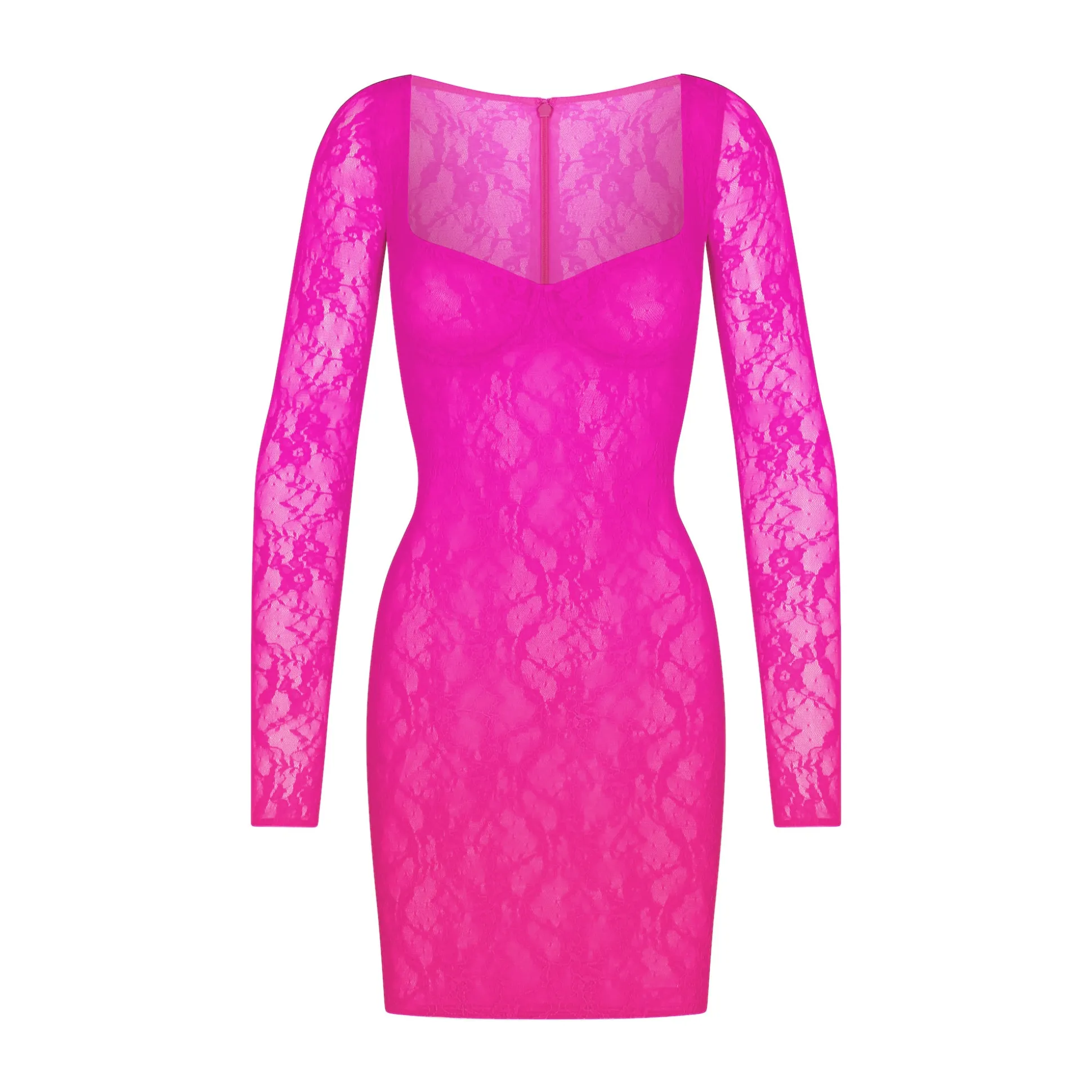 STRETCH LACE LINED LONG SLEEVE UNDERWIRE DRESS | NEON PINK