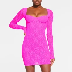 STRETCH LACE LINED LONG SLEEVE UNDERWIRE DRESS | NEON PINK