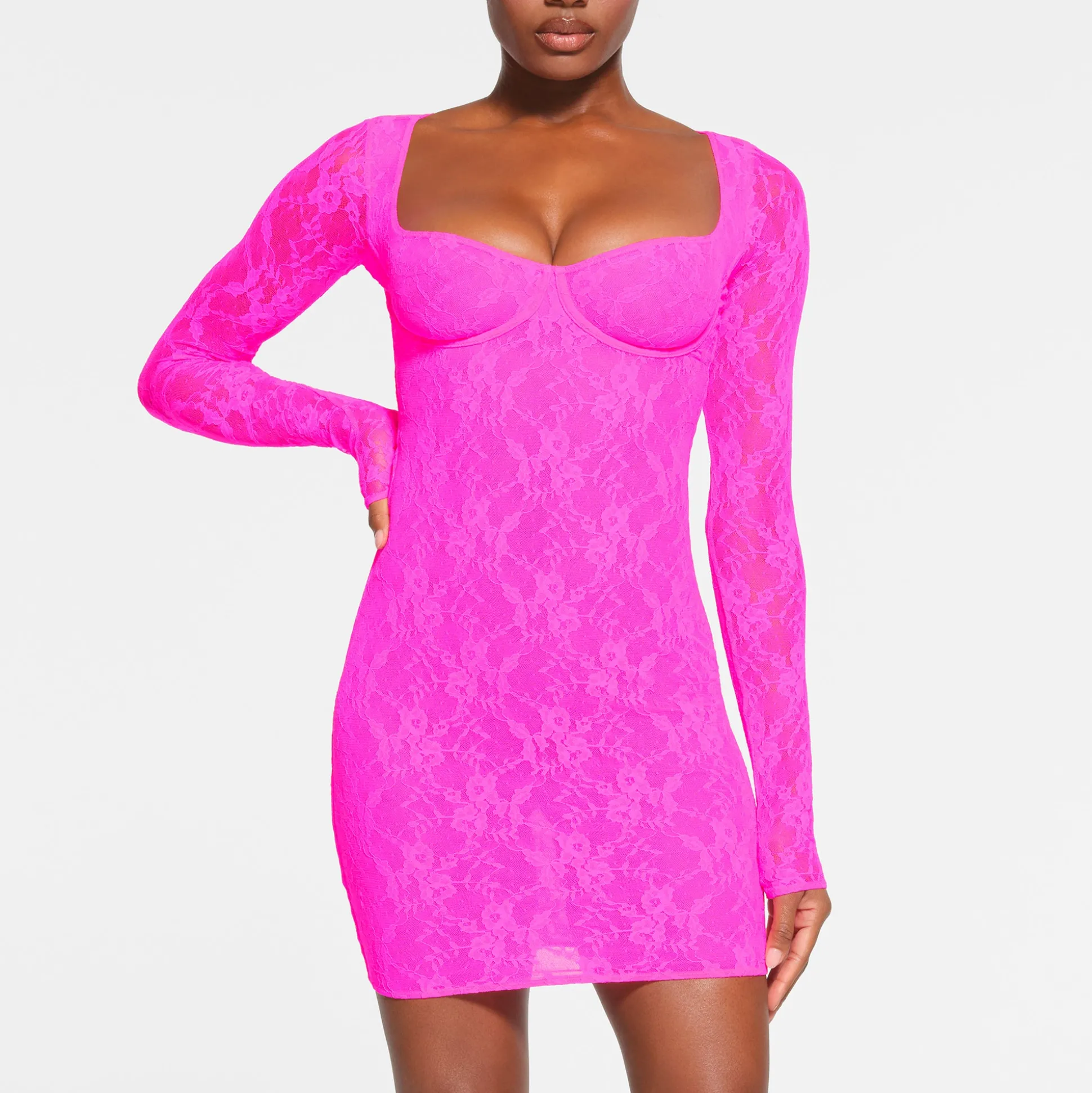 STRETCH LACE LINED LONG SLEEVE UNDERWIRE DRESS | NEON PINK