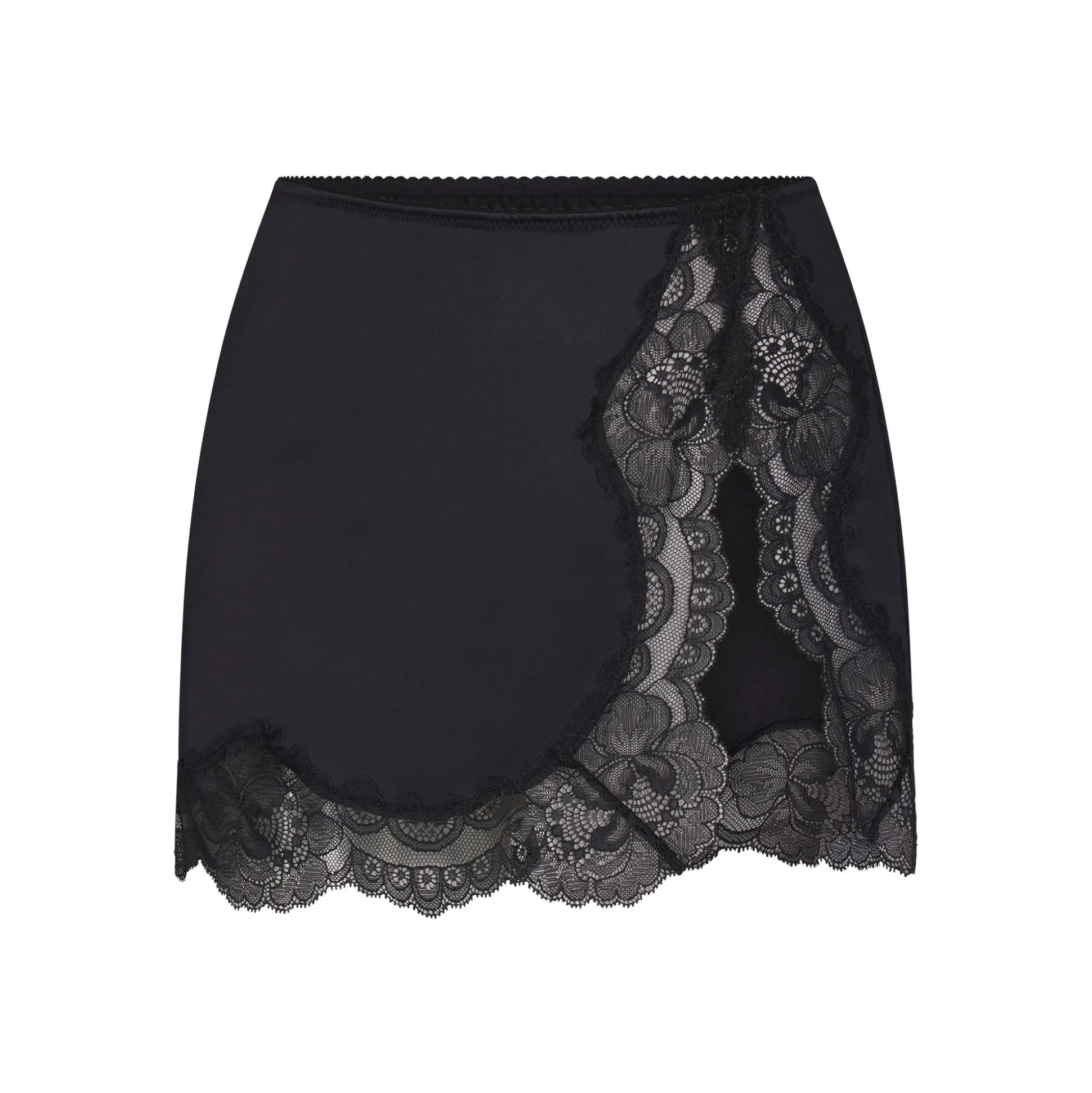 STRETCH SATIN LACE LOW RISE SLIP SKIRT | ONYX