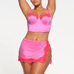 STRETCH SATIN LACE LOW RISE SLIP SKIRT | NEON ORCHID