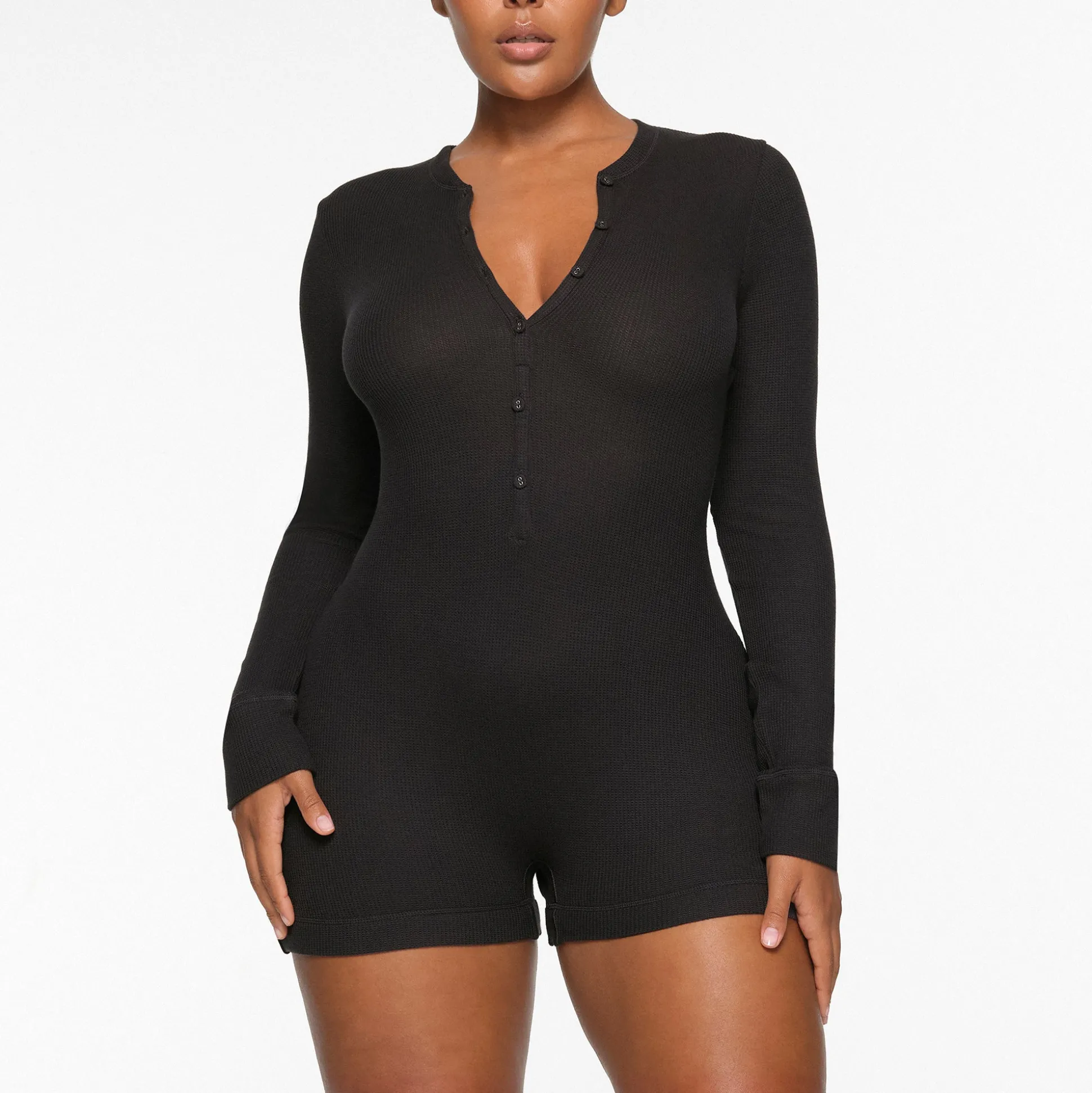 WAFFLE BUTTON UP HENLEY ONESIE | ASH
