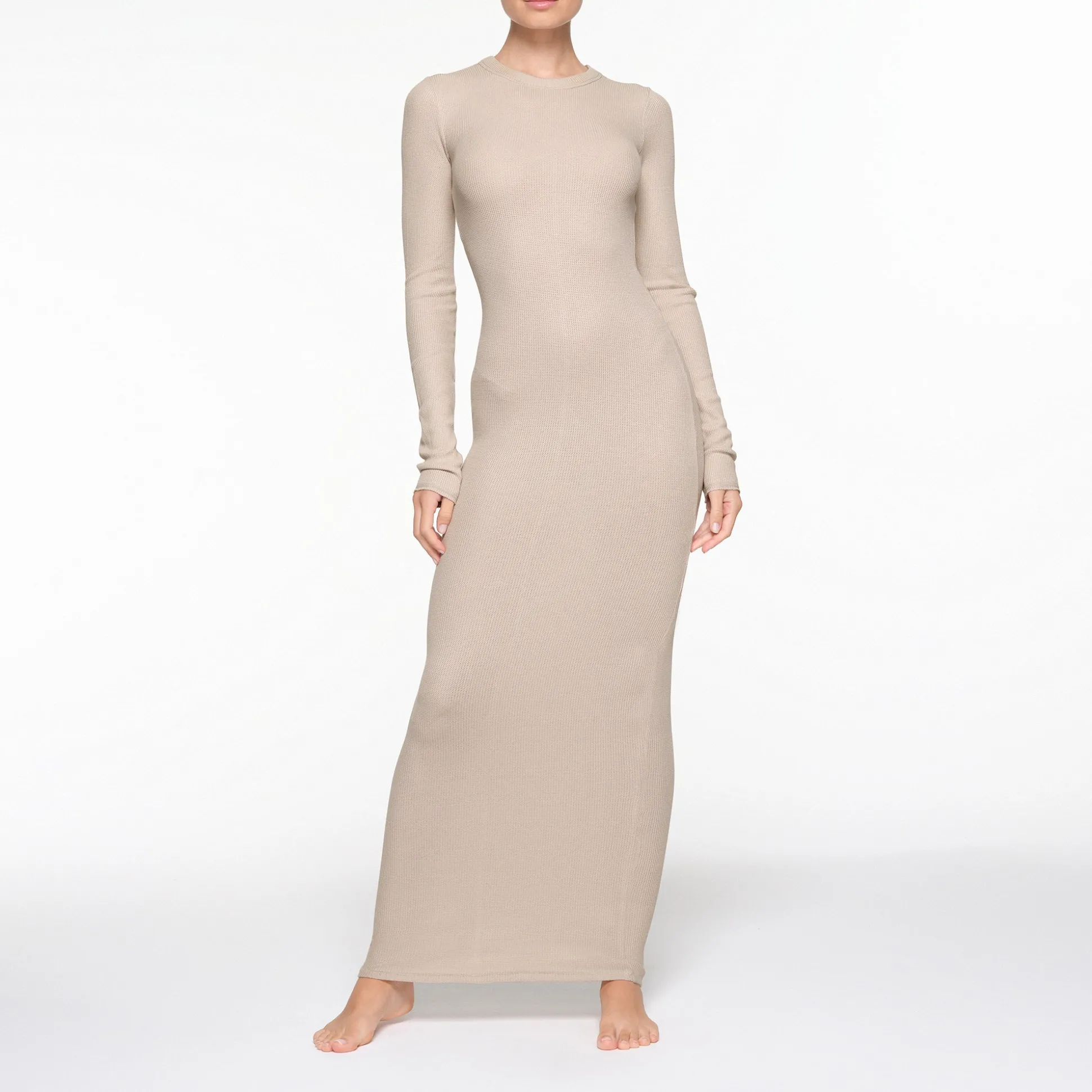 WAFFLE CREW NECK LONG DRESS | STONE