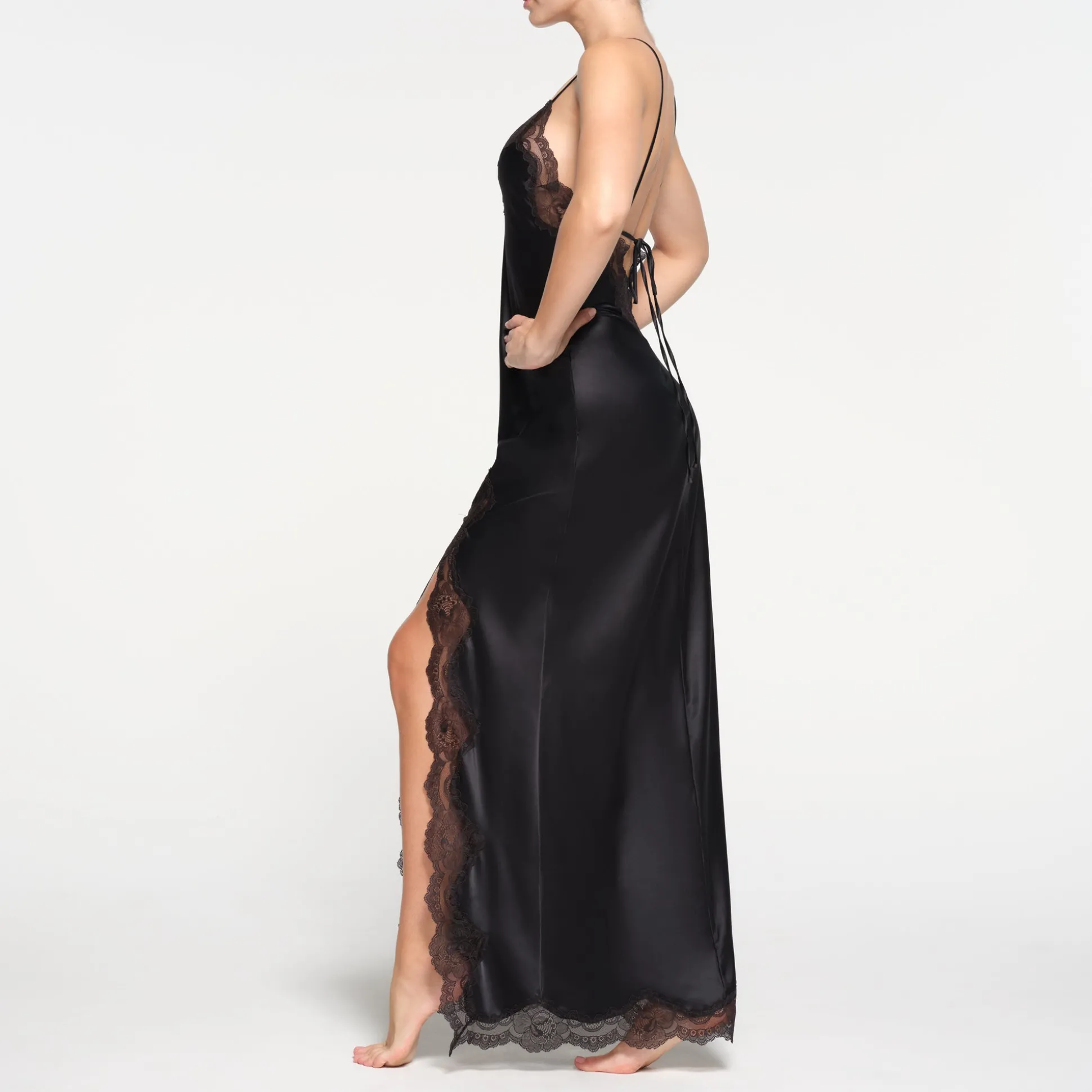 WOVEN SHINE LACE LONG DRESS | ONYX